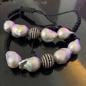 Black bracelet with white pearls and crystals